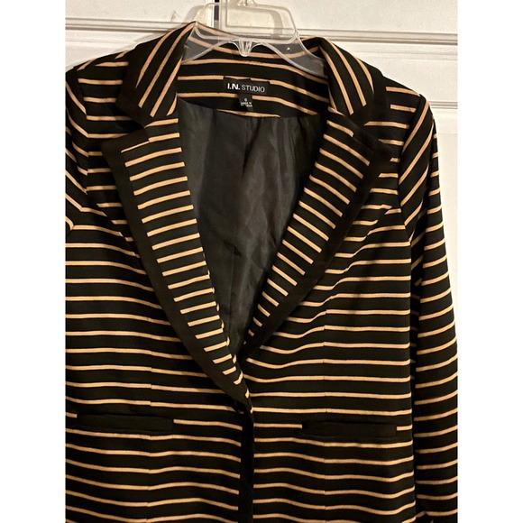 I.N. Studio Jackets & Blazers - I.N. Studio‎ Womens Black Tan Striped Ruched Sleeve Blazer Jacket Size 6 NEW